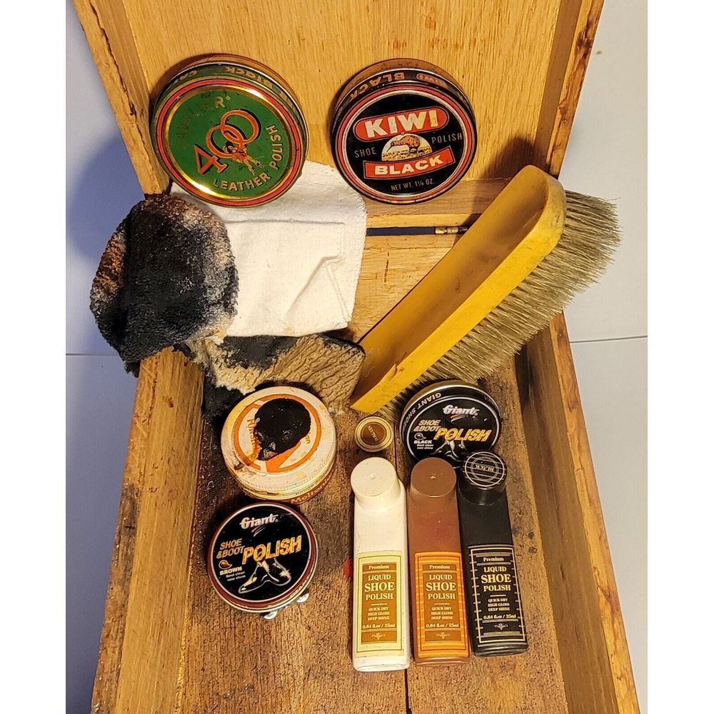 Vintage Wooden Dove-Tailed Shoe Shine Shining Box Foot Rest with Brush & Polish